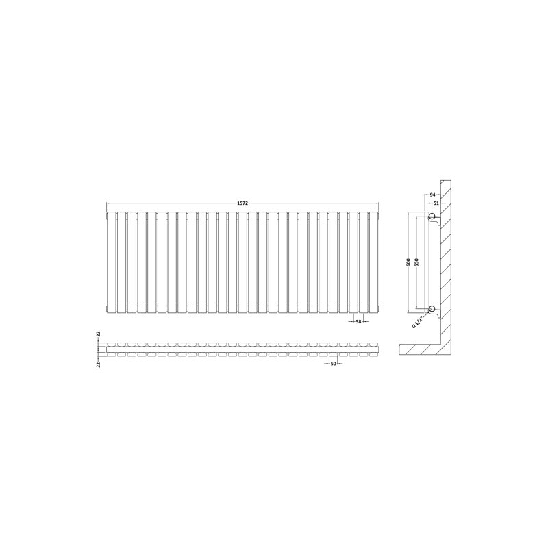 Sloane Horizontal Standard Radiator, White, 60cm H x 157.2cm W x 7.2cm D