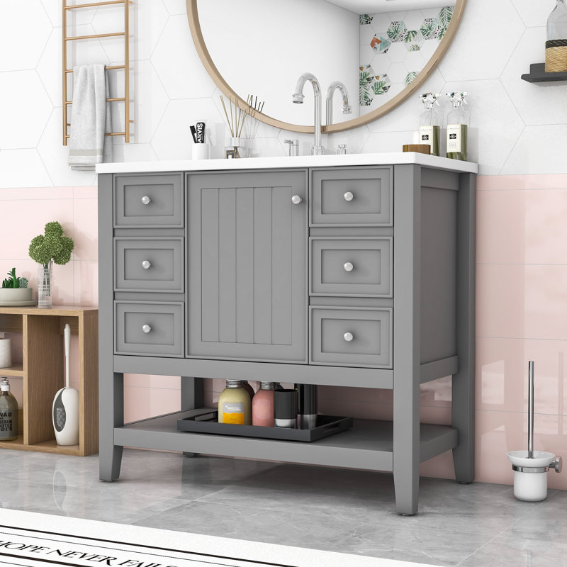 Rhemy 36'' Single Bathroom Vanity with Ceramic Top, Storage Drawers and Open Shelves, Gray