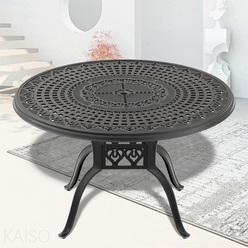 Table de salle à manger 47,24 pouces en fonte d'aluminium avec structure noire et trou pour parasol