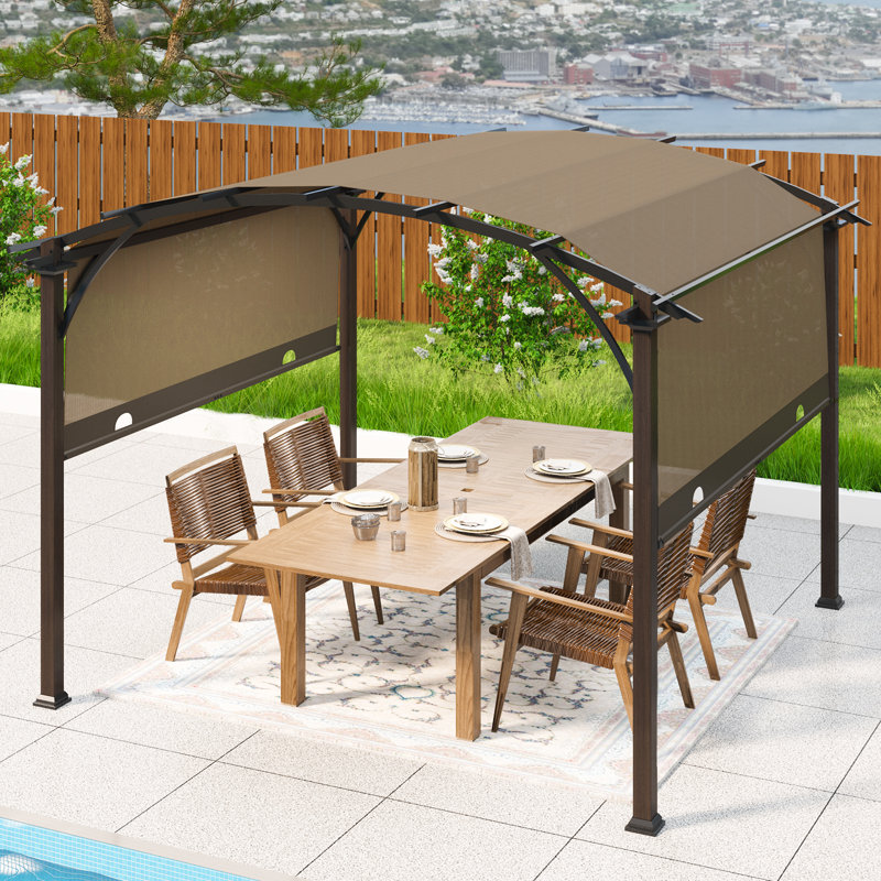 11,4 pi L 11,4 pi. Pergola en acier pour l'extérieur avec auvent en polyester enduit de PVC, Brun