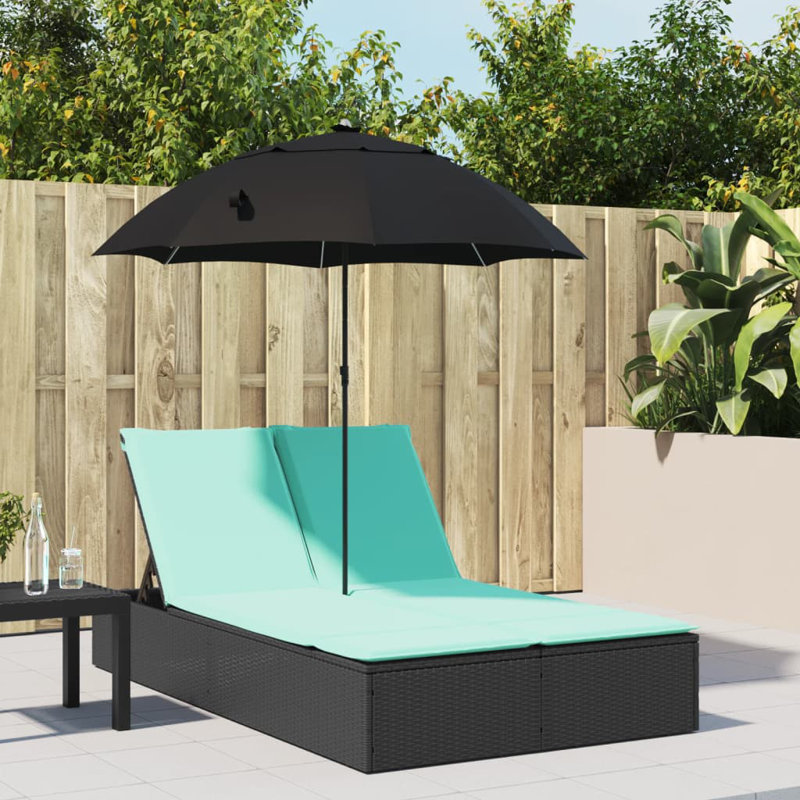 Double Sun Lounger With Cushions&Parasol Black Poly Rattan, Turquoise Cushion/Black Frame