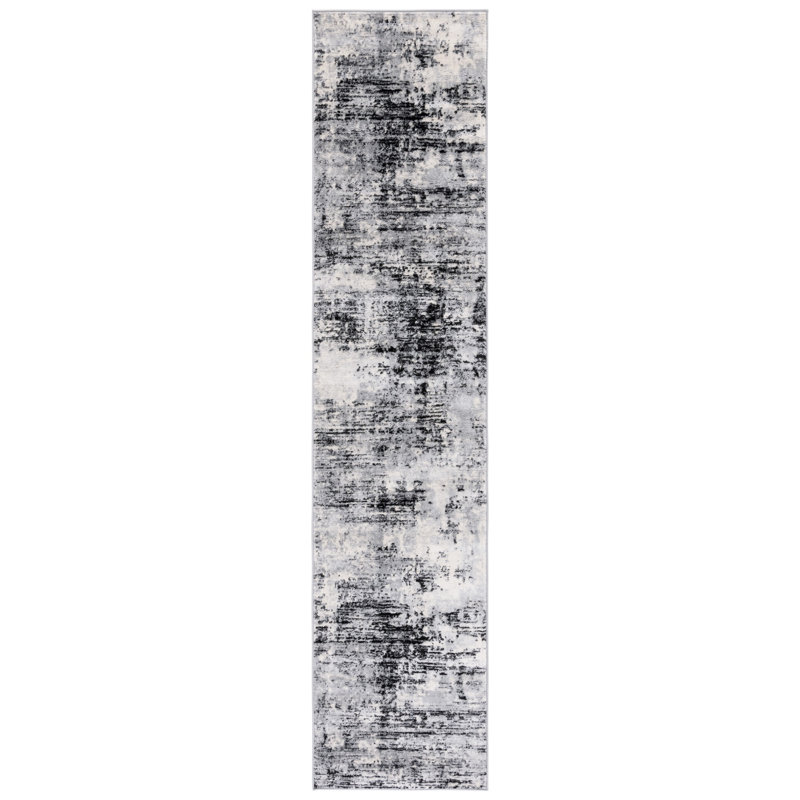 Abstract Power Loom Black/Ivory Area Rug, Runner 2' x 9'