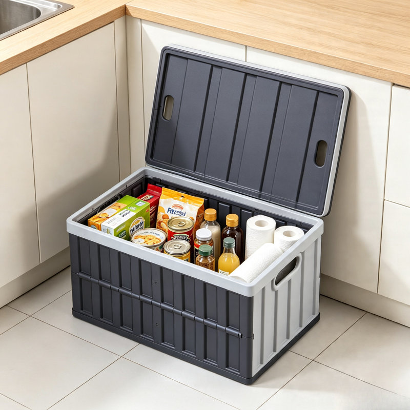 Caisse de rangement pliable et empilable en plastique avec couvercle et poignées de transport, bac de rangement pliable pour la maison, le garage, le placard et les articles ménagers