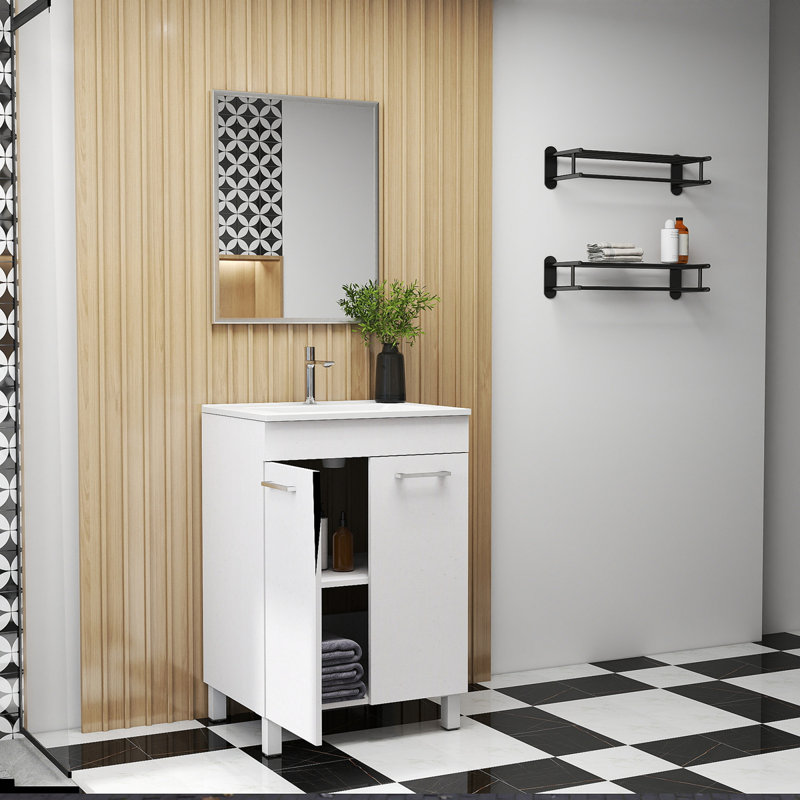 Meuble-lavabo de 24 po avec lavabo et miroir, portes doubles avec charnières à fermeture en douceur, armoire de salle de bain avec tablette ajustable, poignée en métal, lavabo en céramique, pieds argent réglables
