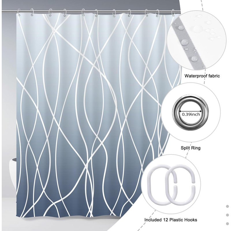 Ensemble de rideau de douche avec crochets Ombre, Blue