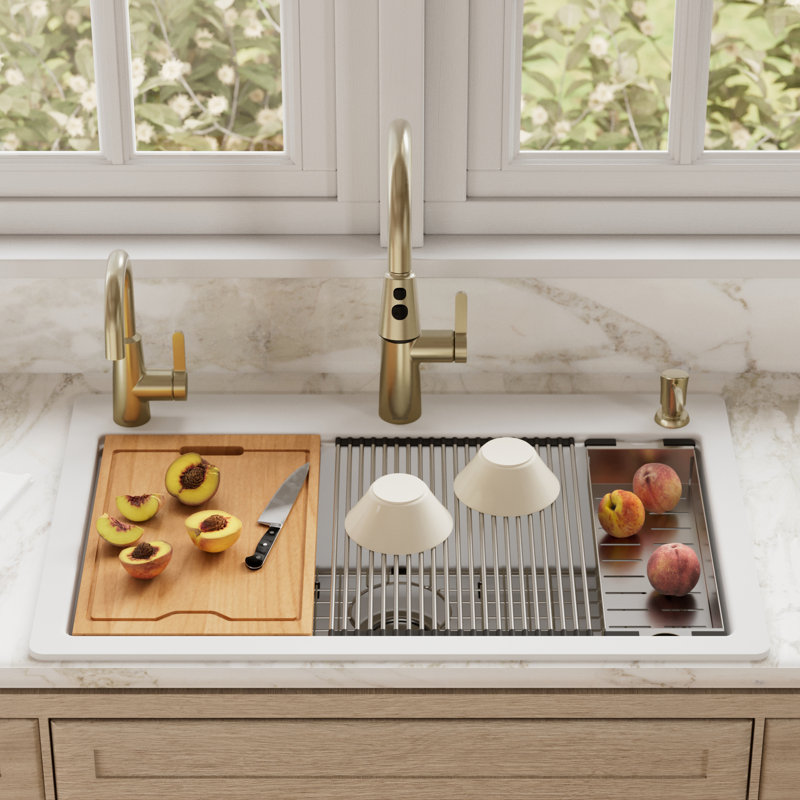 Évier de cuisine à simple cuve à montage sur plan 33 po x 22 po Karran Quartz, Blanc
