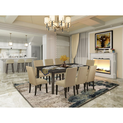 9 Piece Dining Room Table Set Includes a Rectangle Kitchen Table with Pedestal and 8 Brown Linen Fabric Parson Dining Chairs, 42x72 Inch, Cappuccino