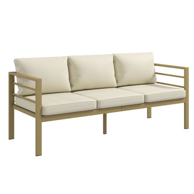3 Seater Cream Metal Garden Bench, Outdoor Patio Loveseat with Backrest and Armrests, Aluminium Frame with Removable Washable Cushion Covers