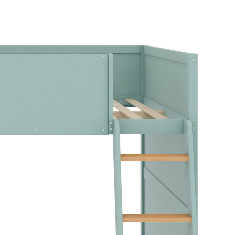 Lit mezzanine peu encombrant, conception pour lit double avec échelle et tablettes de rangement, Lit double