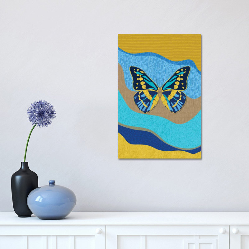 Blue Butterfly by Sagmoon Paper Co. - Wrapped Canvas Painting, 30.48 cm H x 45.72 cm W