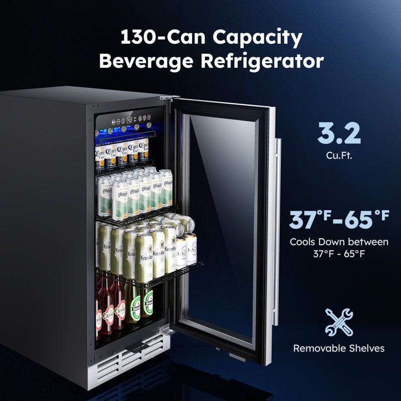 Simzlife 15'' W 3.2 Cu Ft 130 Cans Beverage Refrigerator - Freestanding/Built-In/Under Counter Cooler with Tempered Glass Door & Reversible Handle, Stores Beer, Wine, Drinks