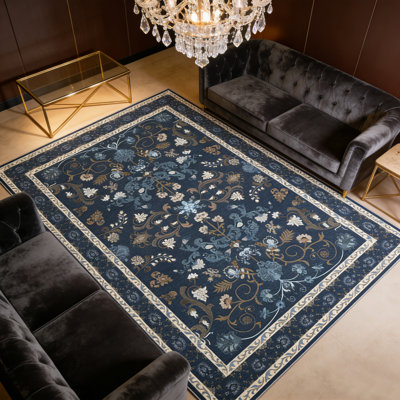 Tapis bleu marine à motif médaillon oriental de 8 x 10 po, tapis lavable à poils courts pour la salle à manger de la chambre à coucher, tapis décoratifs pour le salon, tapis à culbutage pour zones très fréquentées, tapis élégants pour la décoration de Noël, antidérapant