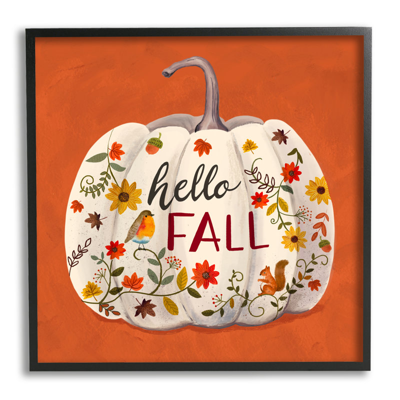 «Hello Fall» à motifs de citrouilles blanches, botaniques, encadré noir, art texturé par Sharon Lee