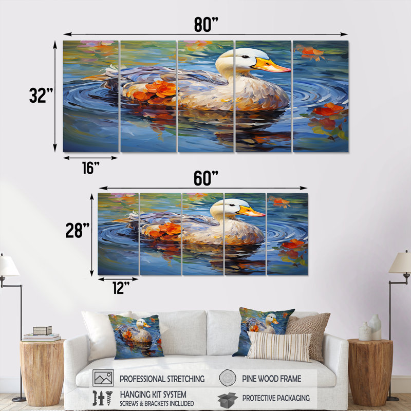 «Duck At The Pond I - Duck», art mural 5 pièces, H 32 po x l 80 po