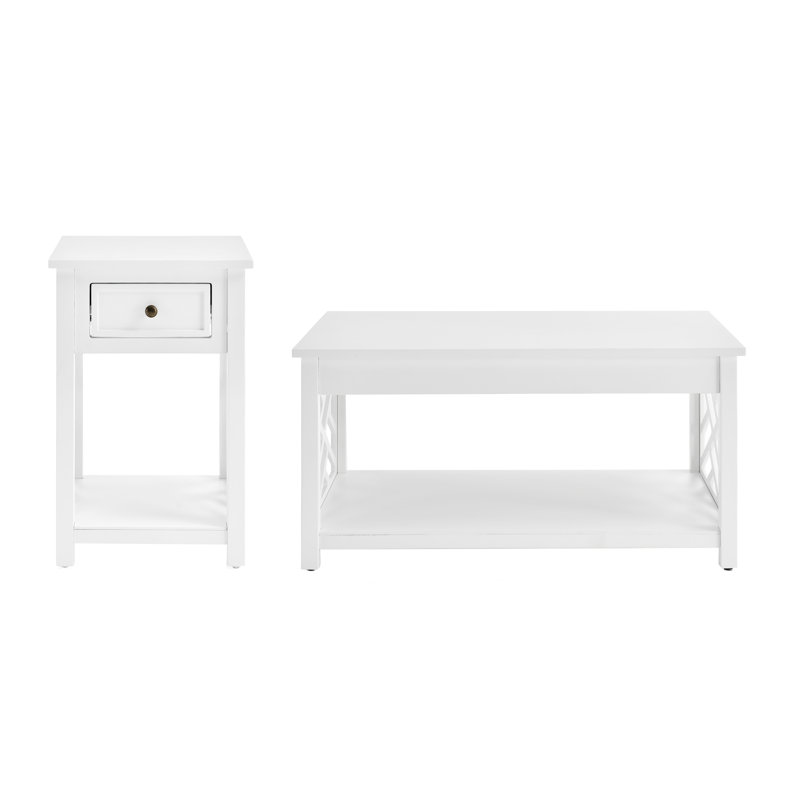 Ensemble de 2 pièces de 36 po de largeur avec 1 table basse rectangulaire et 1 table de bout avec rangement Lund, Blanc