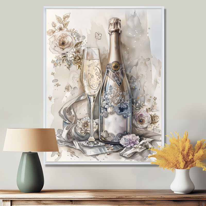 Elegant Sparkling Wedding Champagne I - Champagne, art mural, H 32 po x l 24 po, Cadre flottant blanc