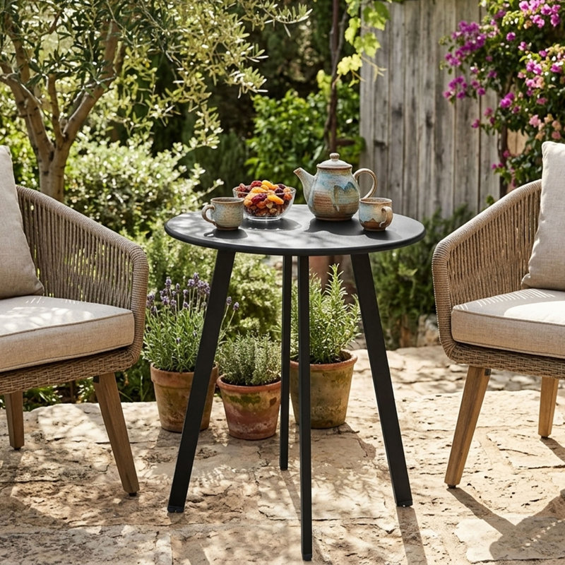Table d'appoint ronde d'extérieur, table de bout de patio en acier et métal, table d'appoint imperméable et résistante aux intempéries pour jardin, balcon, cour, noir