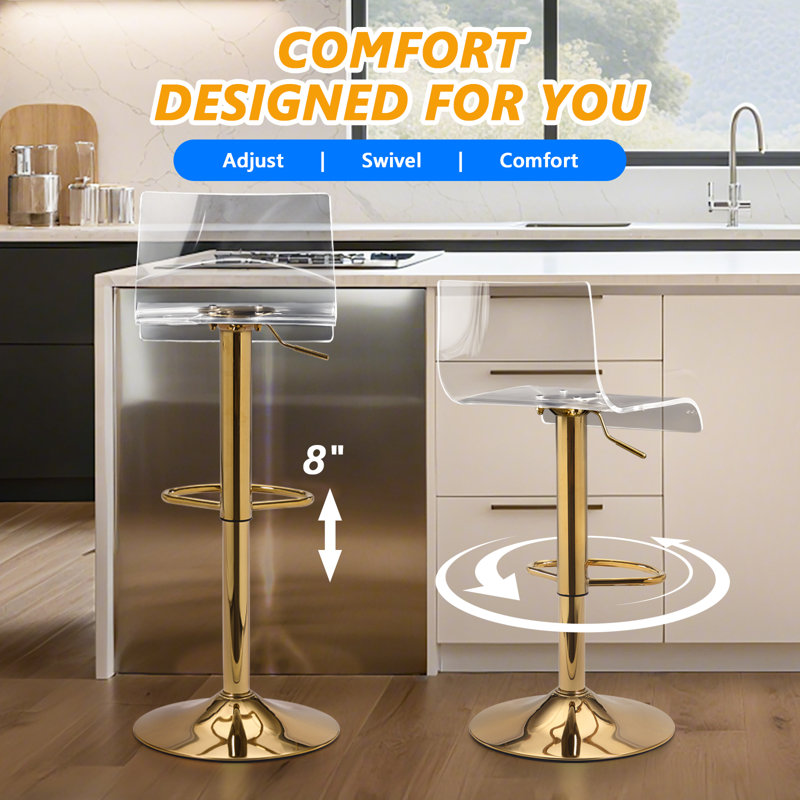 Ensemble de 2 tabourets de bar transparents, tabourets de bar pivotants en acrylique transparents, tabourets de comptoir à hauteur réglable pour la cuisine, la salle à manger, or