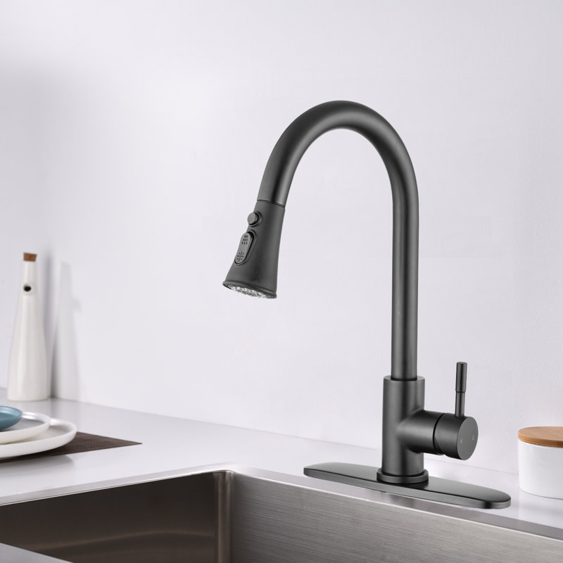 Robinet de cuisine rétractable à poignée simple avec distributeur de savon optionnel, Noir mat, Oui