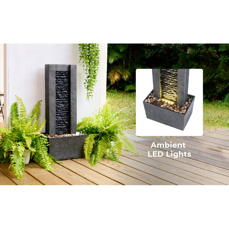 Outdoor Water Fountain for Garden, Patio or Backyard-Freestanding Stone Design with Waterfall Feature & LED Lights