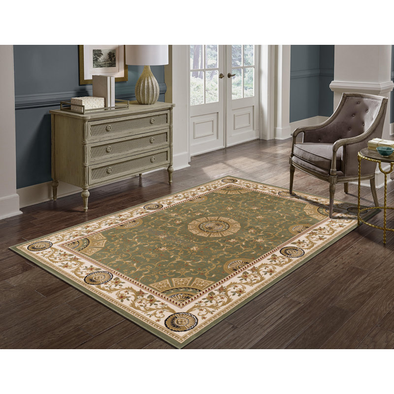 Tapis oriental vert / beige Ranveer, Rectangle 4 pi x 6 pi