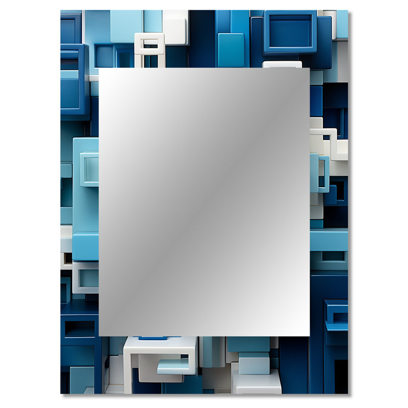 «Op Art Blue Geometric Focus» - miroir mural Op Art, miroir décoratif bleu, impression sur métal, 40 po x 30 po