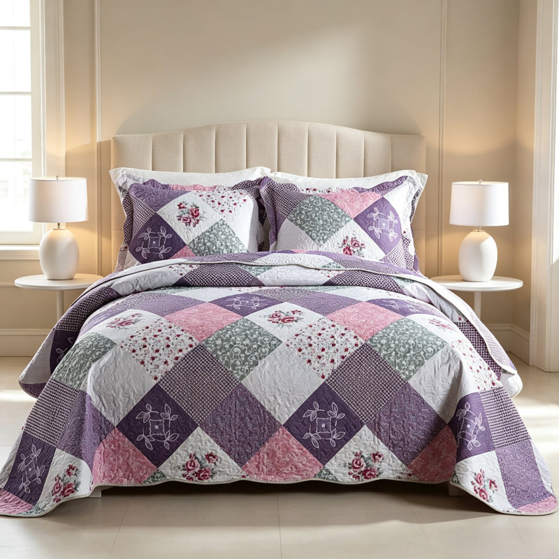 HoneiLife Queen Size 3-Piece Flower Cluster Quilt Bedding Set, Soft Blended Fabric Coverlet with Matching Pillow Shams, Purple