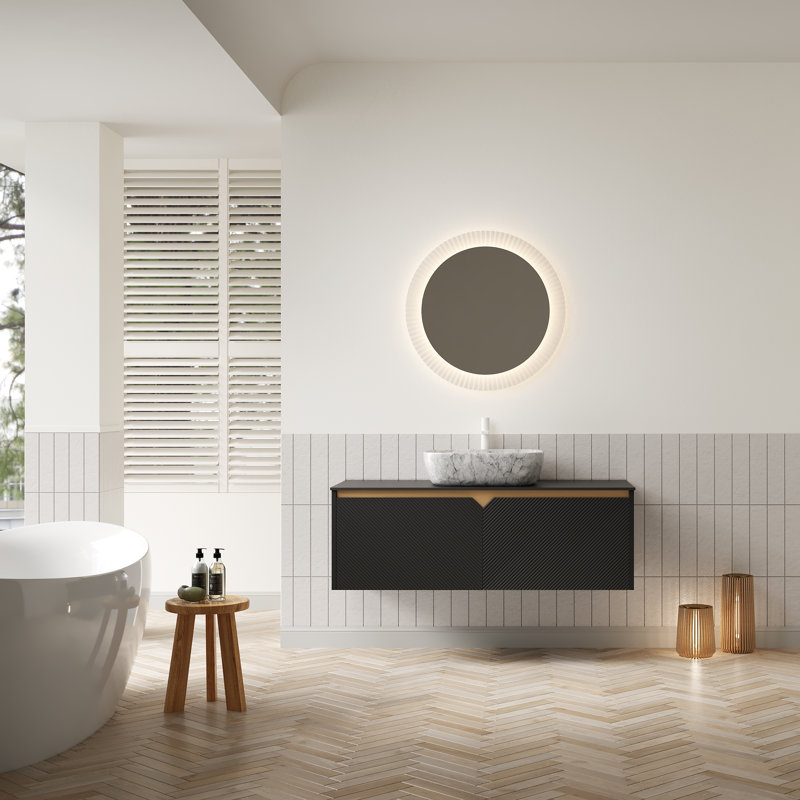 Meuble-lavabo mural double 48 po avec lavabo vasque rectangulaire en marbre, plateau en pierre frittée noire et portes en bois sergé - finition noir mat