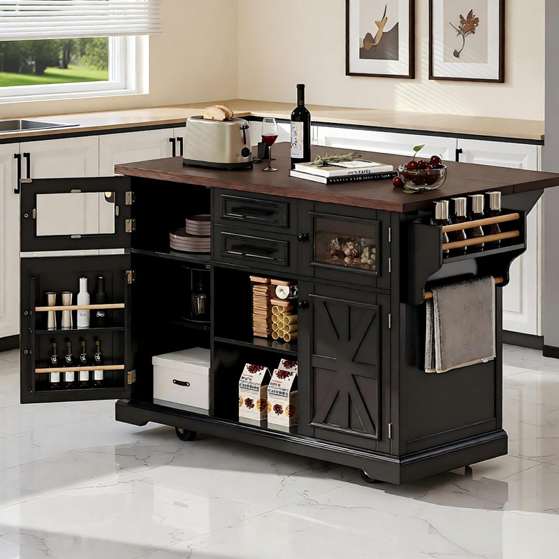 54.9" Kitchen Island With Drop Leaf, Power Outlet, Kitchen Storage Cart With 4 Door Shelves, Cross Barn Doors & Visual Glass Door, Rolling Kitchen Island On 4 Wheels For Kitchen, Dining Room,black