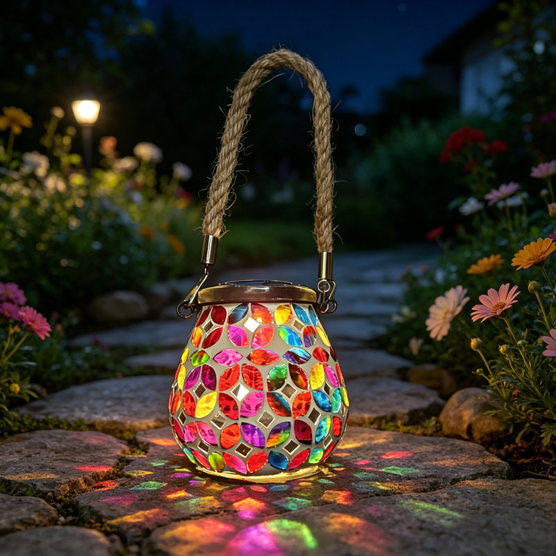 Lanterne solaire en verre mosaïque colorée, lumière de projection avec poignée en corde, marche / arrêt automatique