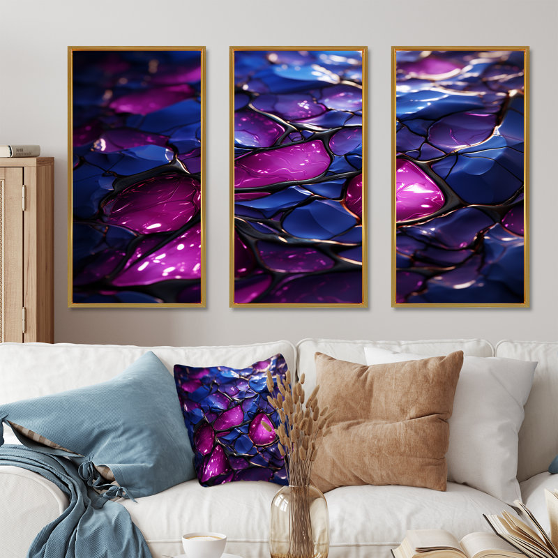 Décoration murale en marbre rose et mauve Essence II - marbre, Cadre flottant doré, H 32 po x l 48 po x P 1 po