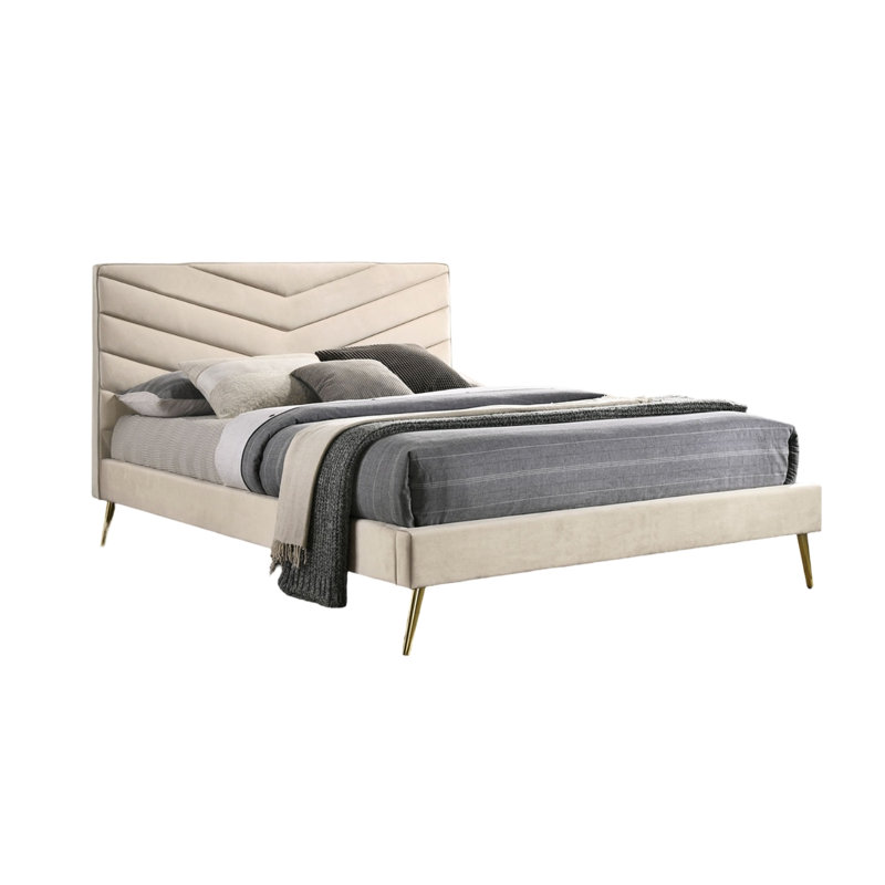 Lit avec cadre de style Mid-Century moderne et tête de lit en tissu beige, Lit double