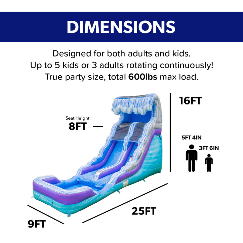 Toboggan aquatique gonflable Herokiddo Ocean Wave de 7,6 m (25 pi) de qualité commerciale avec piscine intégrée et système de drainage pour enfants et adultes (avec souffleur), pour l'intérieur et l'extérieur, les fêtes d'anniversaire, la location, grand format, toutes saisons