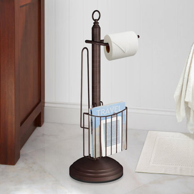 Porte-papier hygiénique sur pied avec journal et porte-revues pour salle de bain | Rangement pour rouleau de papier hygiénique | Finition bronze huilé