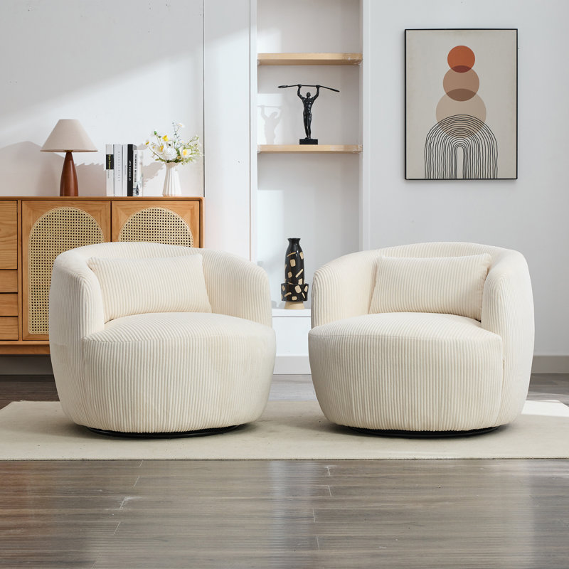 34.23" W Upholstered Swivel Barrel Chair (Set of 2), Ivory Polyester