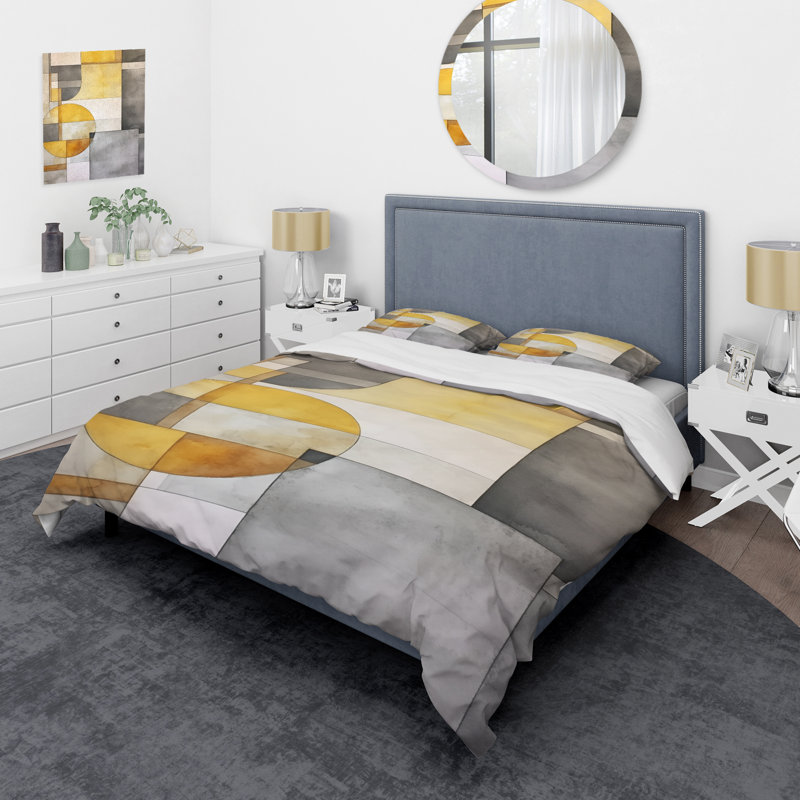 Ensemble de housse de couette abstraite jaune et gris Intersecting Realities I - Microfibre de polyester