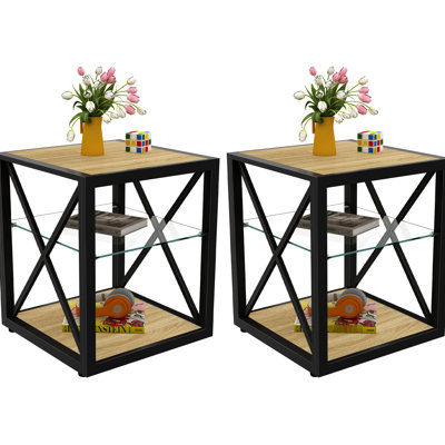 2 tables de bout modernes pour la chambre à coucher et le salon, avec plateau en bois naturel en verre trempé, table d'appoint de style industriel avec rangement à 3 niveaux pour économiser de l'espace