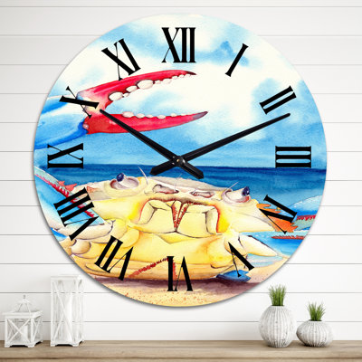 Crabe bleu coloré sur une plage de sable - horloge murale nautique et côtière