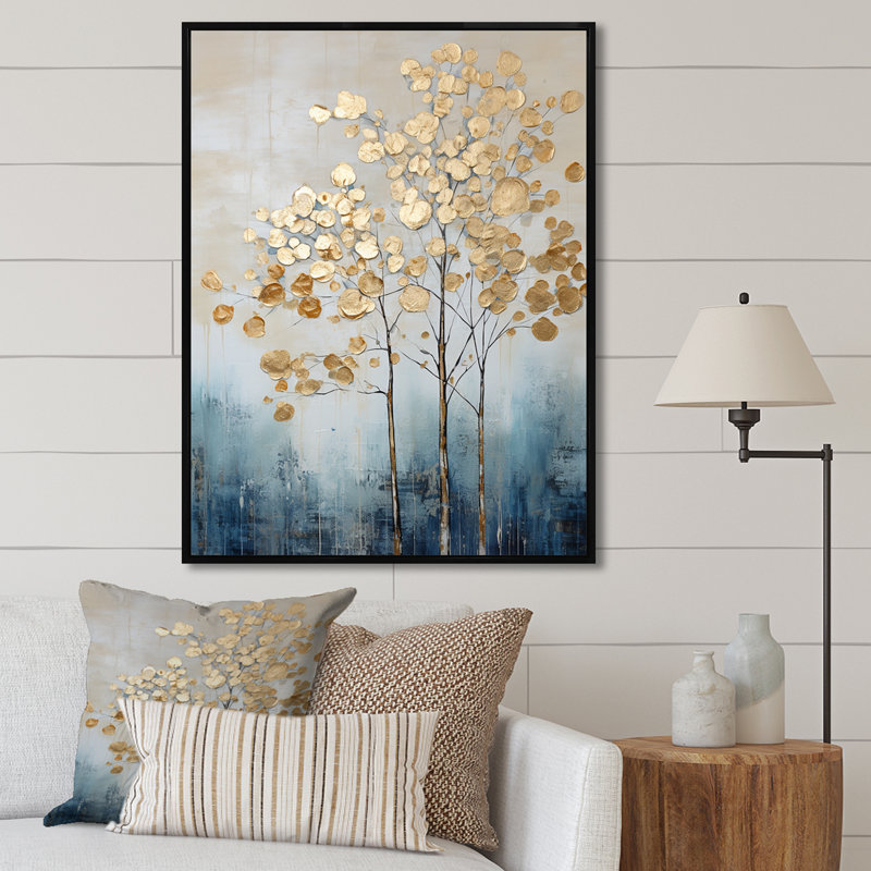 Or doré et arbres bleus Harmony IV - Art mural arbres, H 44 po x l 34 po x P 1,5 po, Cadre flottant noir