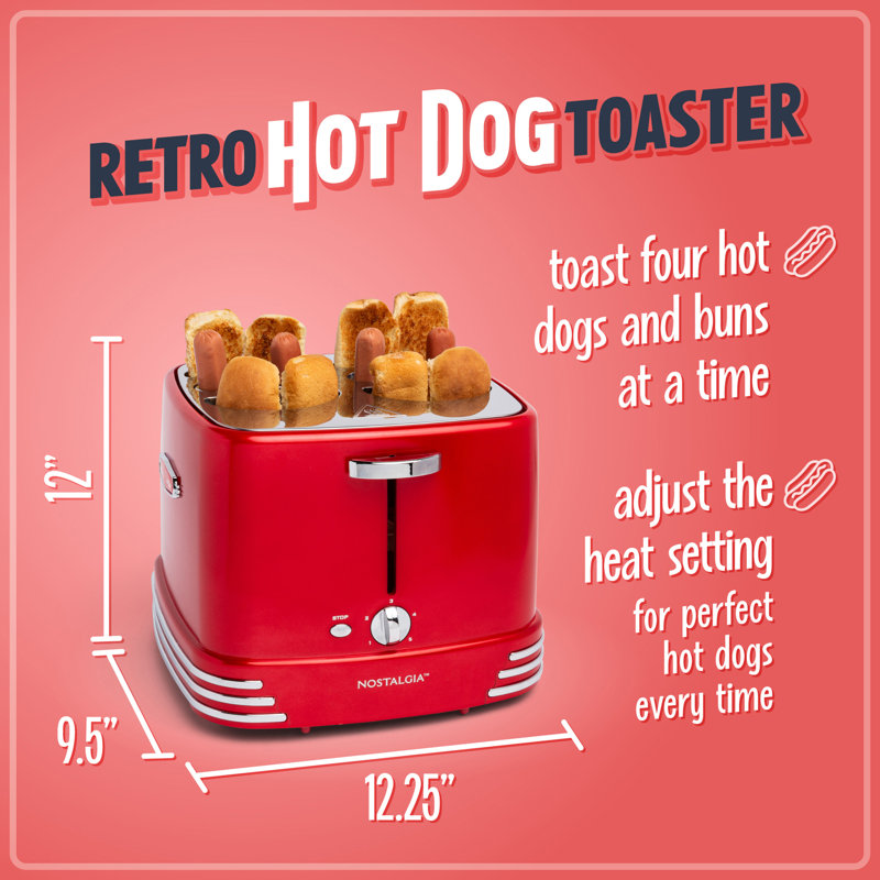 Nostalgia Retro Pop-Up Hot Dog Toaster, 4 Link and 4 Bun Capacity, With Mini Tongs, Works With Chicken, Turkey, Veggie Sausages and Brats