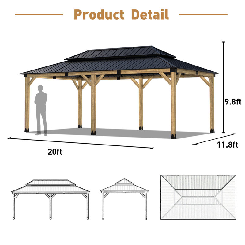 Solid Patio Gazebo, 10 Ft. H x 20 Ft. W x 12 Ft. D, Wood