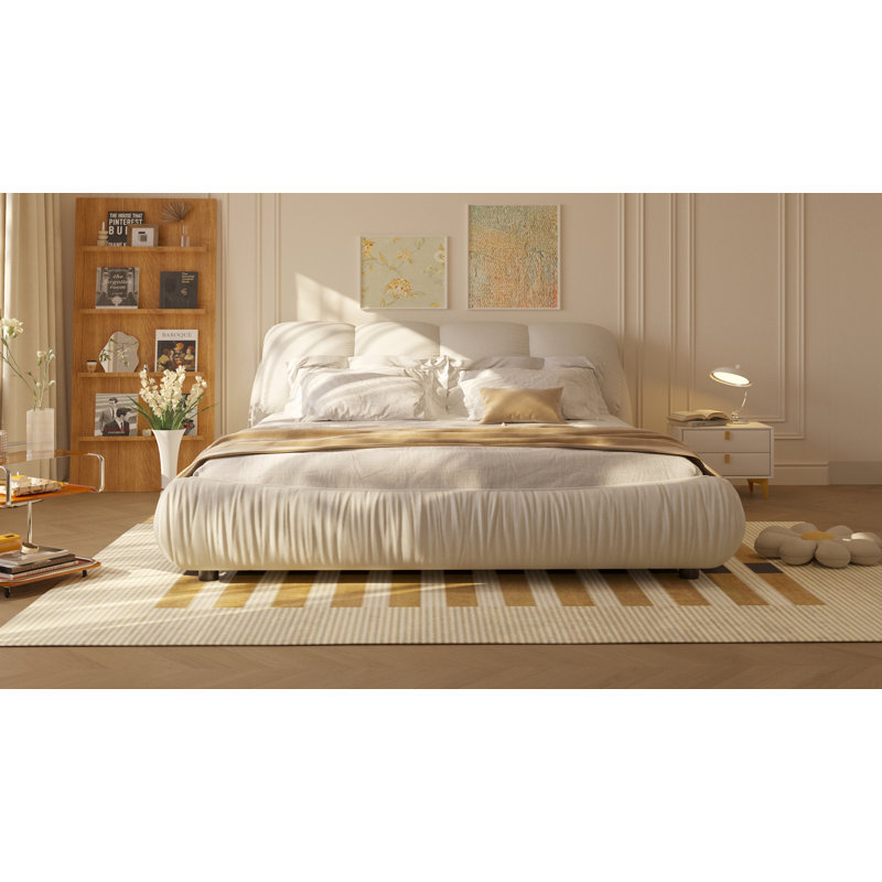Lit plateforme de luxe avec dossier surdimensionné rembourré, lit plateforme tapissier, lit unique, Beige, Grand lit