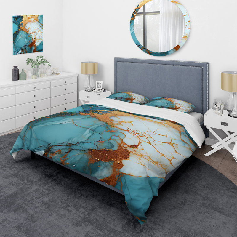 Ensemble de housse de couette en marbre or et bleu, Housse de couette pour très grand lit et 2 très 