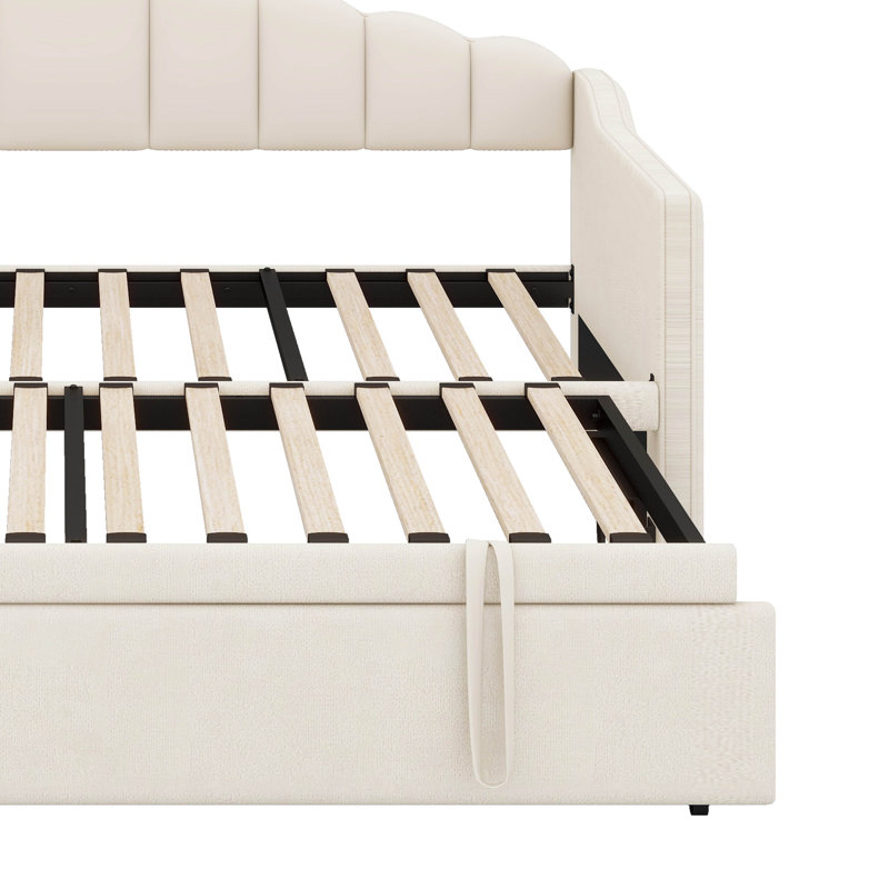 Lit de jour rembourré simple avec couchette escamotable réglable en hauteur et port de charge USB et Type-C, Beige