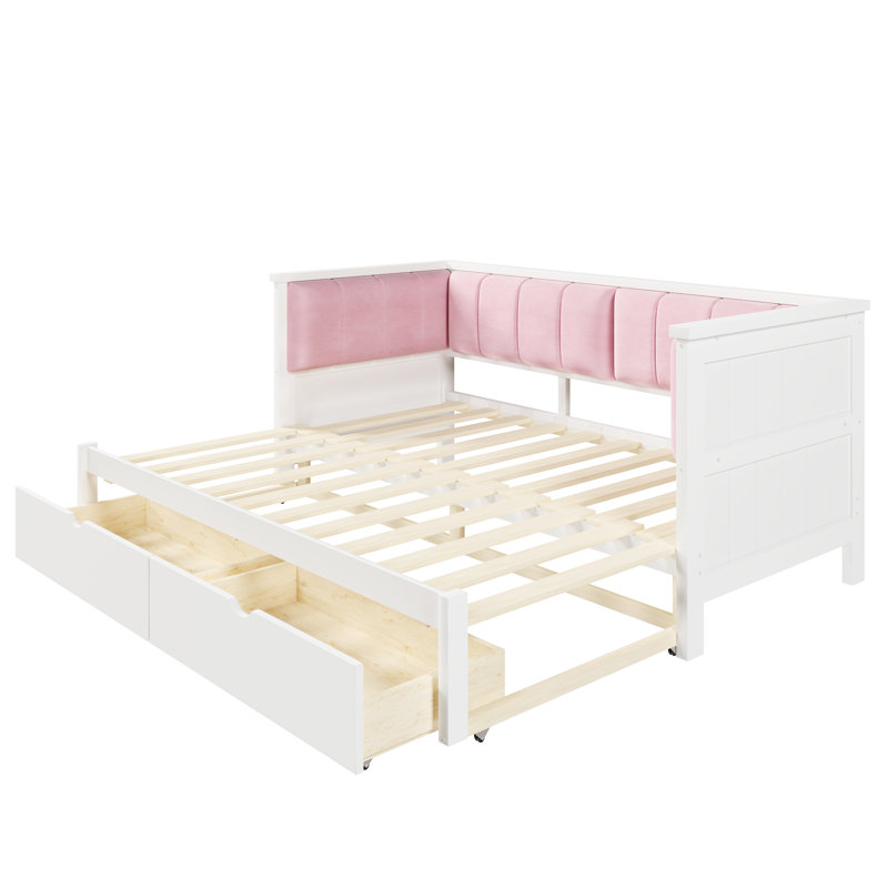 Twin XL to King Daybed with Storage Drawers & Upholstered Backrest – Space-Saving Convertible Bed, White+Pink