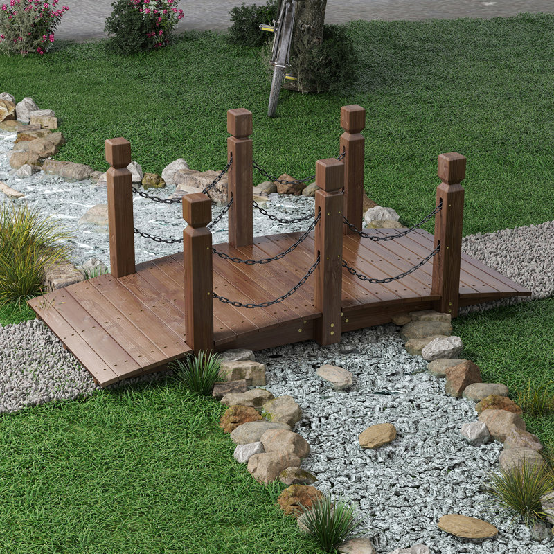 Pont de jardin en bois Kinfant 5 pi avec balustrades à chaîne en métal - Bois de sapin massif, finition carbonisée, Passerelle en arche décorative avec chaîne rustique pour étang, ruisseau, sentier, cour et paysage
