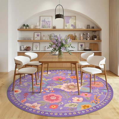 Motif floral de 8 pi avec motif lavable Boho, tapis mignon, antidérapant, fleur à poils courts pour le salon, la chambre, la cuisine, le bureau, la ferme, mauve / rose / multicolore