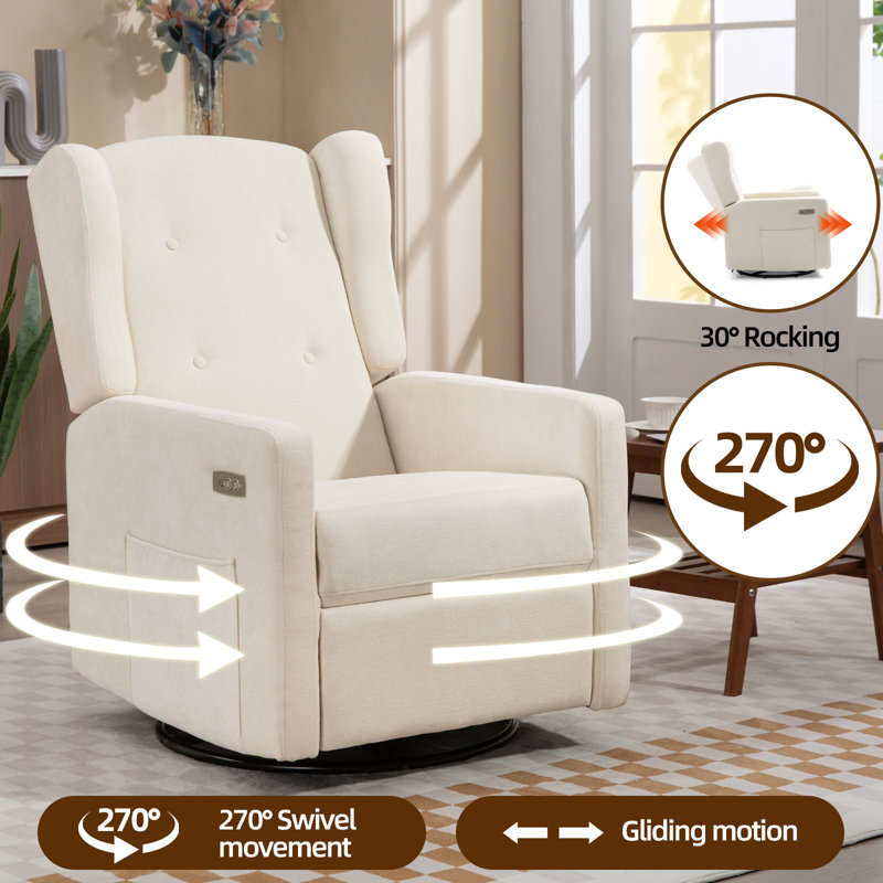 25.6'' W  Swivel Nursery Power Glider Recliner Chair with USB & Type C Ports, Beige