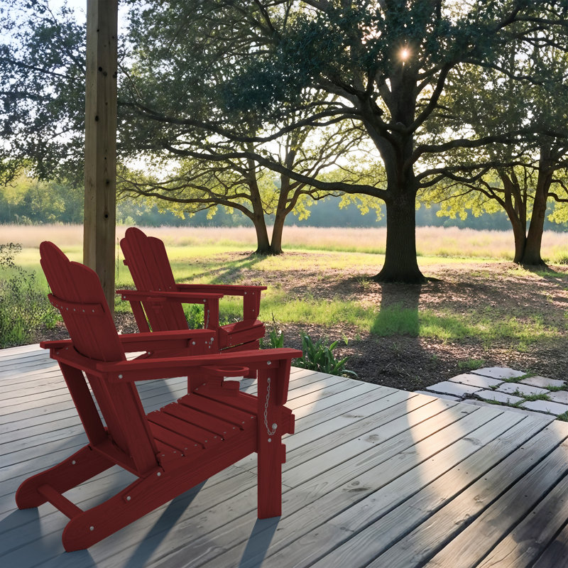 Ayanda HDPE Folding Adirondack Chair With Dual Cup Holder(Set Of 2), Dark Red
