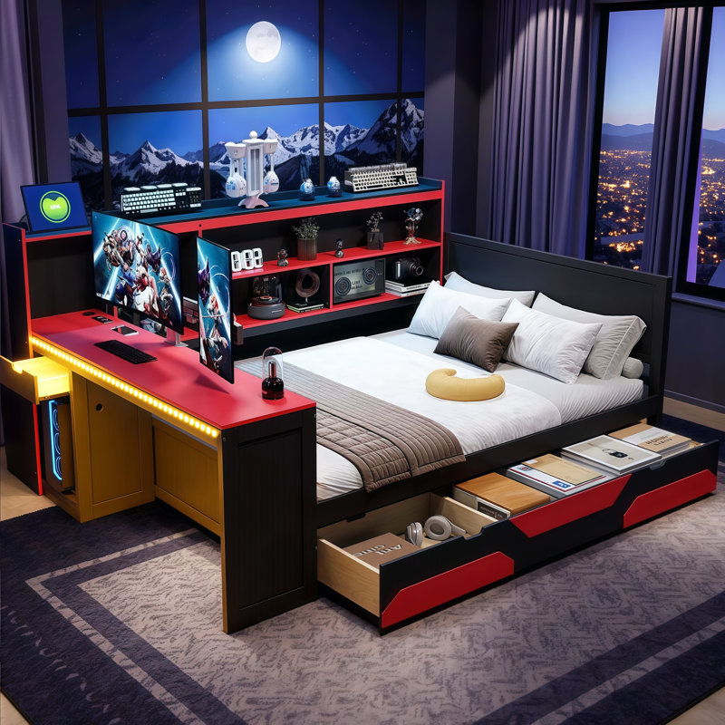 VARELON Queen Gaming Daybed with Built-in Desk, LED Lights, Charging Station & 3 Storage Drawers - Multi-Functional Design